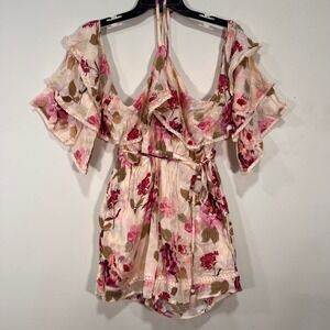 Chelsea & Violet Floral Boho Romper Ruffle Sleeve Tassel Tie Waist Pink Cream M